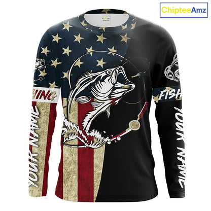 Personalized Bass Fishing American Flag Custom Long Sleeve Fishing Shirts, personalized Patriotic Fishing gifts - IPHW1193