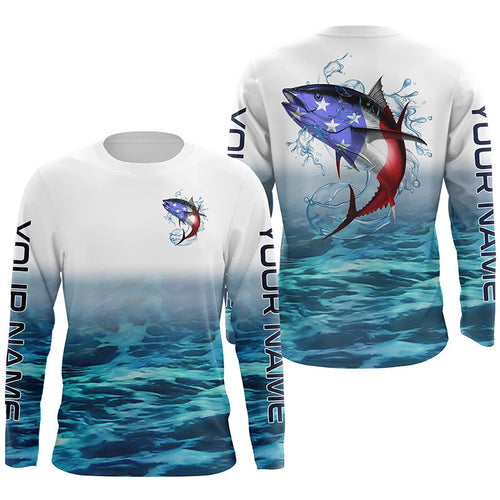 American Flag Tuna Long Sleeve Fishing Shirts, Custom Patriotic Tuna Tournament Fishing Shirts IPHW4401