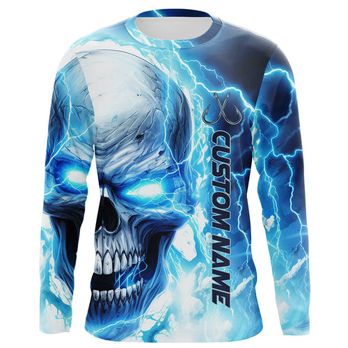 Blue Thunder Lightning Skull Custom Long Sleeve Fishing Shirts, Fish Hook Skull Fishing Jerseys IPHW5189