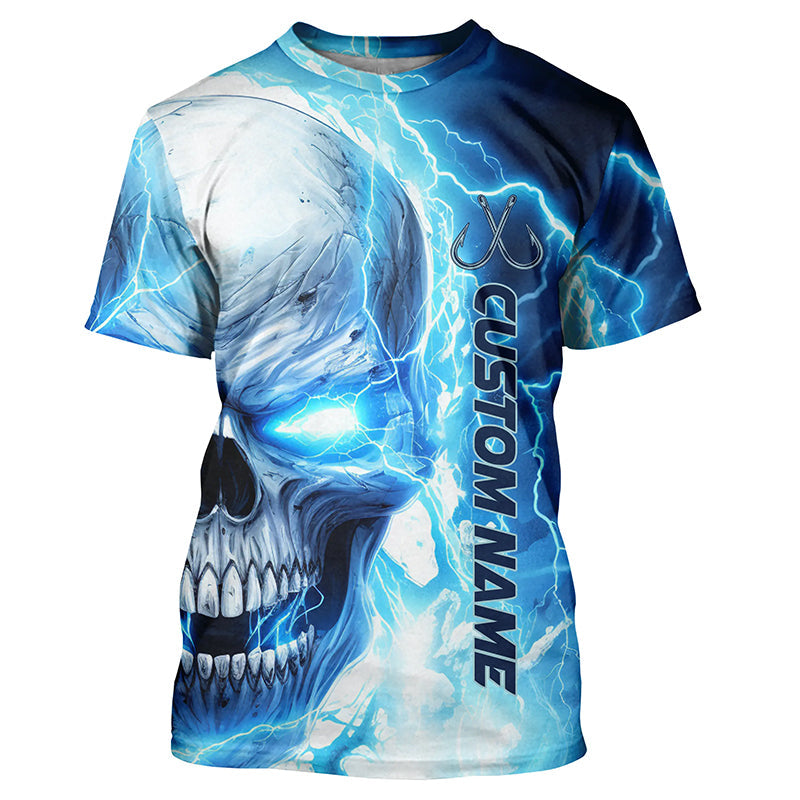 Blue Thunder Lightning Skull Custom Long Sleeve Fishing Shirts, Fish Hook Skull Fishing Jerseys IPHW5189
