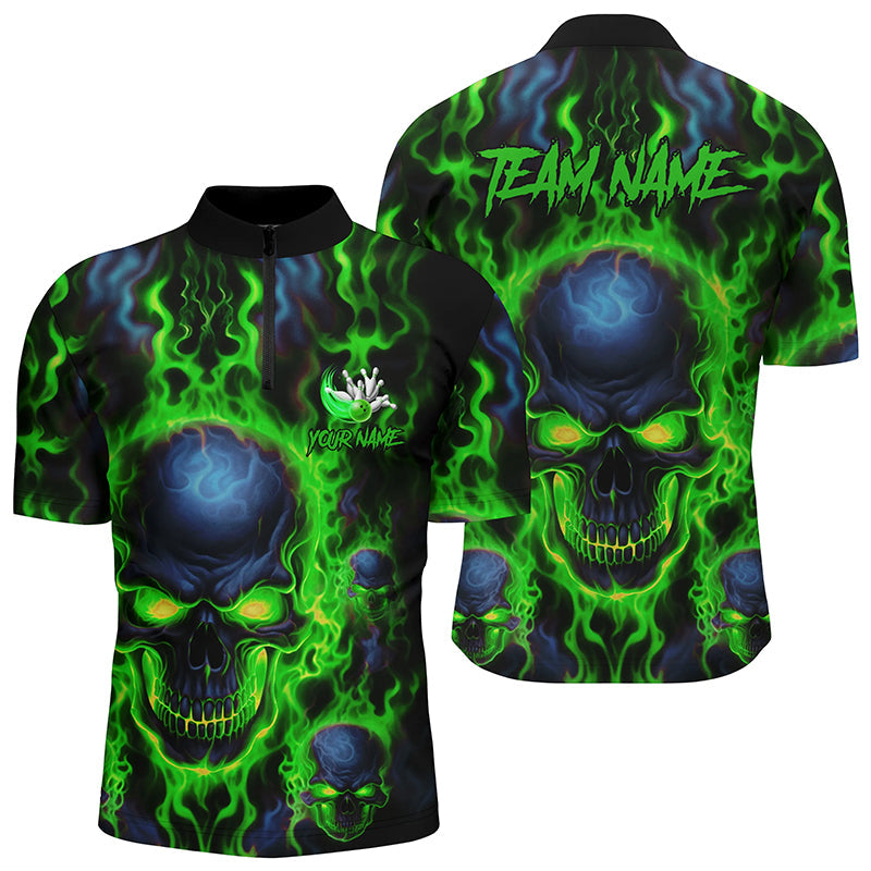 Custom Bowling Quarter Zip Shirts Men Green Flame Skull Team Bowling Jerseys Halloween Outfits IPHW5379