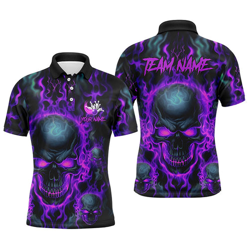 Custom Bowling Polo Shirts Men Purple Flame Skull Team Bowling Jerseys Halloween Bowler Outfits IPHW5380