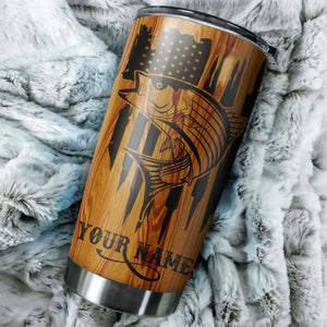 Striped Bass Fishing Tumbler American Flag Custom Stainless steel Tumbler cup | personalized Patriotic Fishing gifts 4th of July - IPHW38