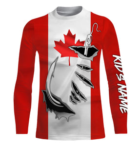 Canada Flag Fishing 3D Fish Hook UV protection quick dry customize name long sleeves shirts personalized Patriotic fishing apparel gift for Fishing lovers IPH1903