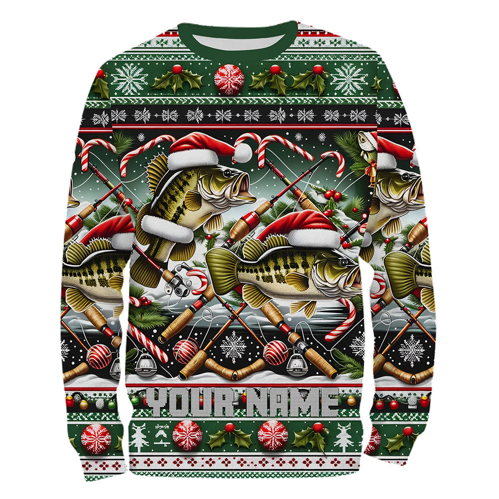 Largemouth Bass Fishing Custom Ugly Sweater Pattern Christmas Fishing Shirts, Xmas Fishing Outfits IPHW5566