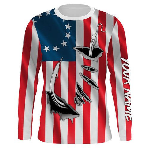 3D Fish Hook Old American Flag Custom Fishing Shirts, Patriotic Long Sleeve Fishing Shirts IPHW4787