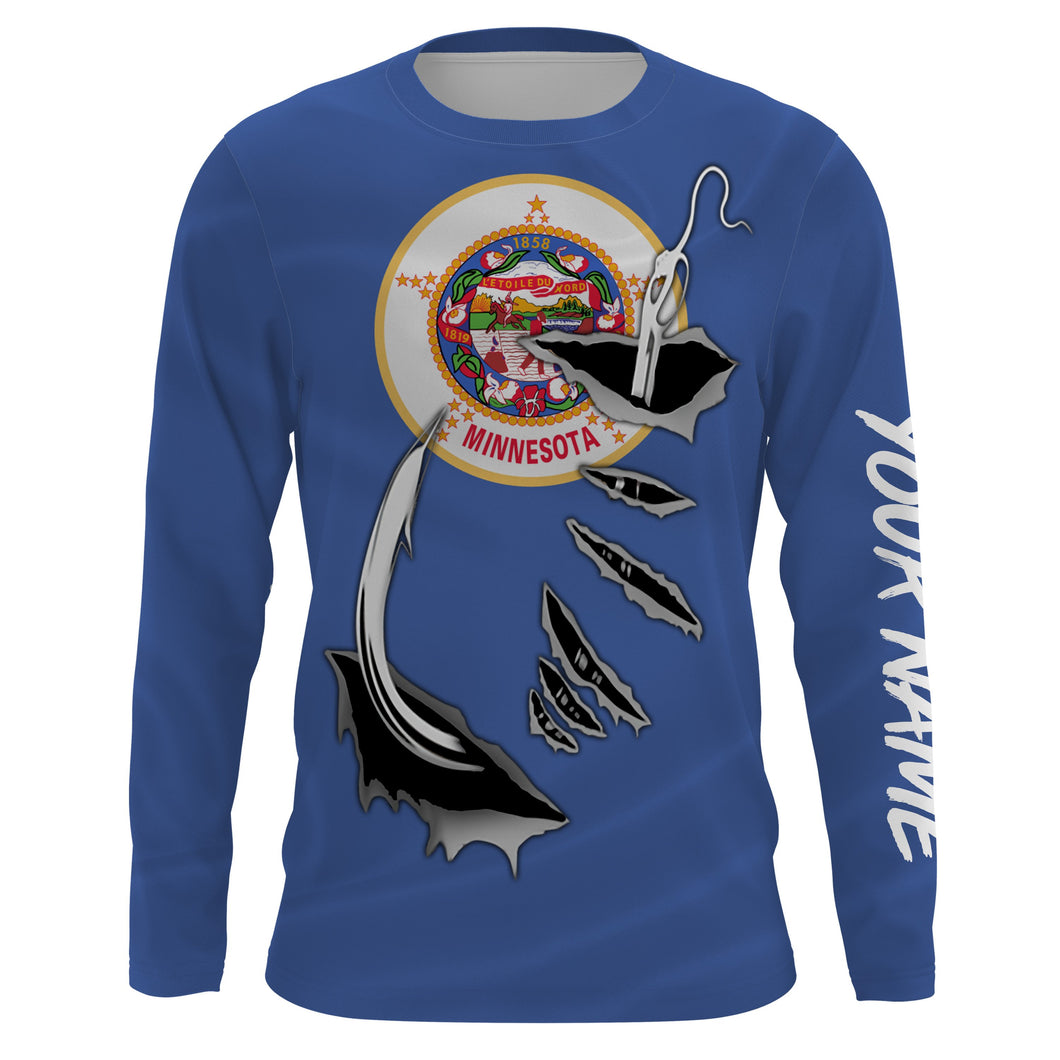 MN Fishing Minnesota Flag Fishing 3D Fish Hook UV protection quick dry customize name long sleeves shirts personalized Patriotic fishing apparel gift for Fishing lovers IPH1913