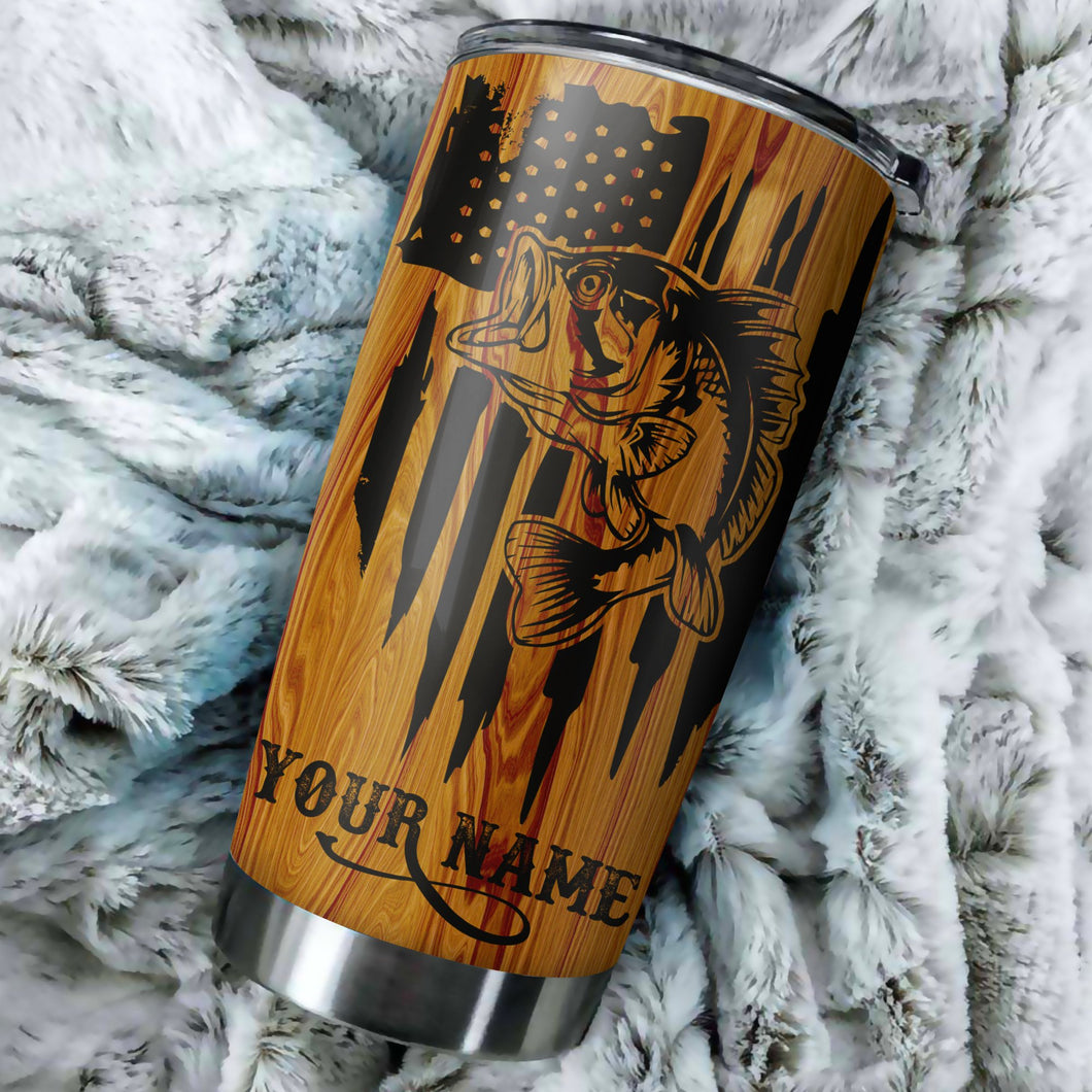 Bass Fishing Tumbler American Flag 4th of July Custom name Stainless Steel Tumbler Cup Personalized Fishing gift - IPH1302