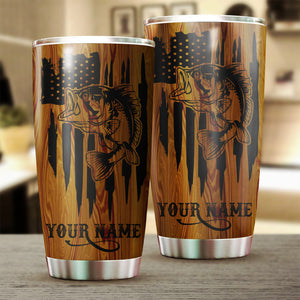Bass Fishing Tumbler American Flag 4th of July Custom name Stainless Steel Tumbler Cup Personalized Fishing gift - IPH1302