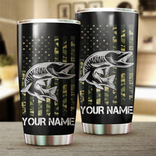 Load image into Gallery viewer, Musky (Muskie) Fishing Tumbler US Flag Camo Patriot Customize name Stainless Steel Tumbler Cup Personalized Fishing gift for fisherman - IPH1273