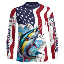 Load image into Gallery viewer, Personalized American Flag Tuna Long Sleeve Fishing Shirts, Patriotic Tuna Fishing Jerseys IPHW6116