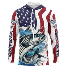 Load image into Gallery viewer, Custom American Flag Striped Bass Long Sleeve Fishing Shirts, Patriotic Striper Fishing Jerseys IPHW6117