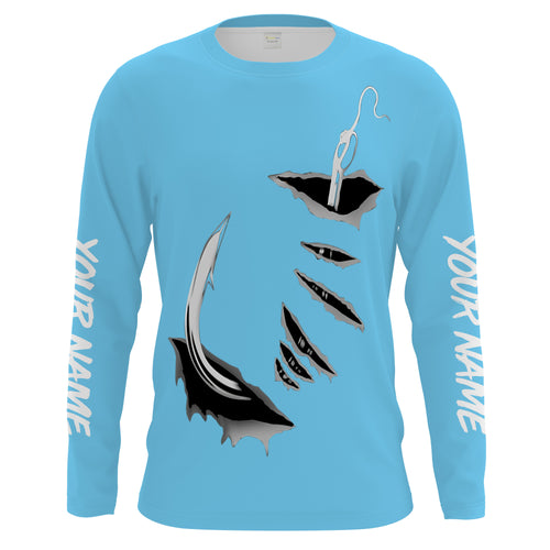 3D Fish hook Customize UV Protection Long sleeve performance Fishing Shirts | baby blue - IPHW1482