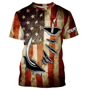 Fish Hook Vintage American Flag Custom Long Sleeve Fishing Shirts, Personalized Patriotic Fishing Gifts FEB21 - IPHW661