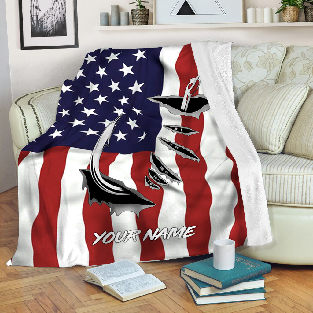 Custom Fishing Blanket 3D Fish hook American Flag 3D Printed Soft Warm Fleece Blanket - unique brithday, Christmas gift ideas for Fishing lovers - IPH2314