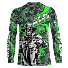 Load image into Gallery viewer, Custom Fish Reaper Skull Bass Long Sleeve Fishing Shirt, Bass Hunter Green Camo Fishing Jerseys IPHW5639