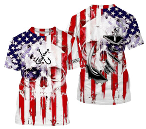 American Flag Skull Fish Hook Long Sleeve Fishing Shirts, Personalized Patriotic Fishing Gifts FEB21 - IPHW695