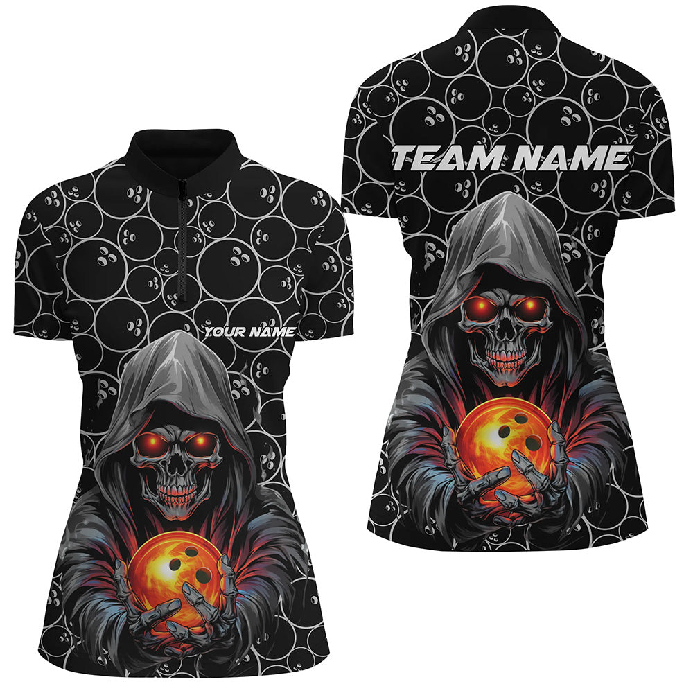 Custom Skull Bowling Quarter Zip Shirts Women Bowling League Shirts Halloween Outfits IPHW5345