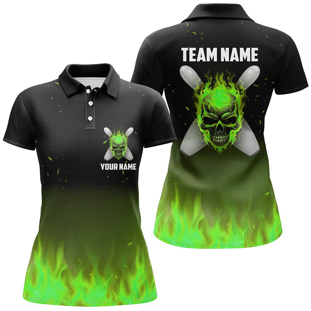 Green Flame Skull Ladies Bowling Polo Shirts Custom Team Bowling Jerseys Halloween Outfits IPHW5373