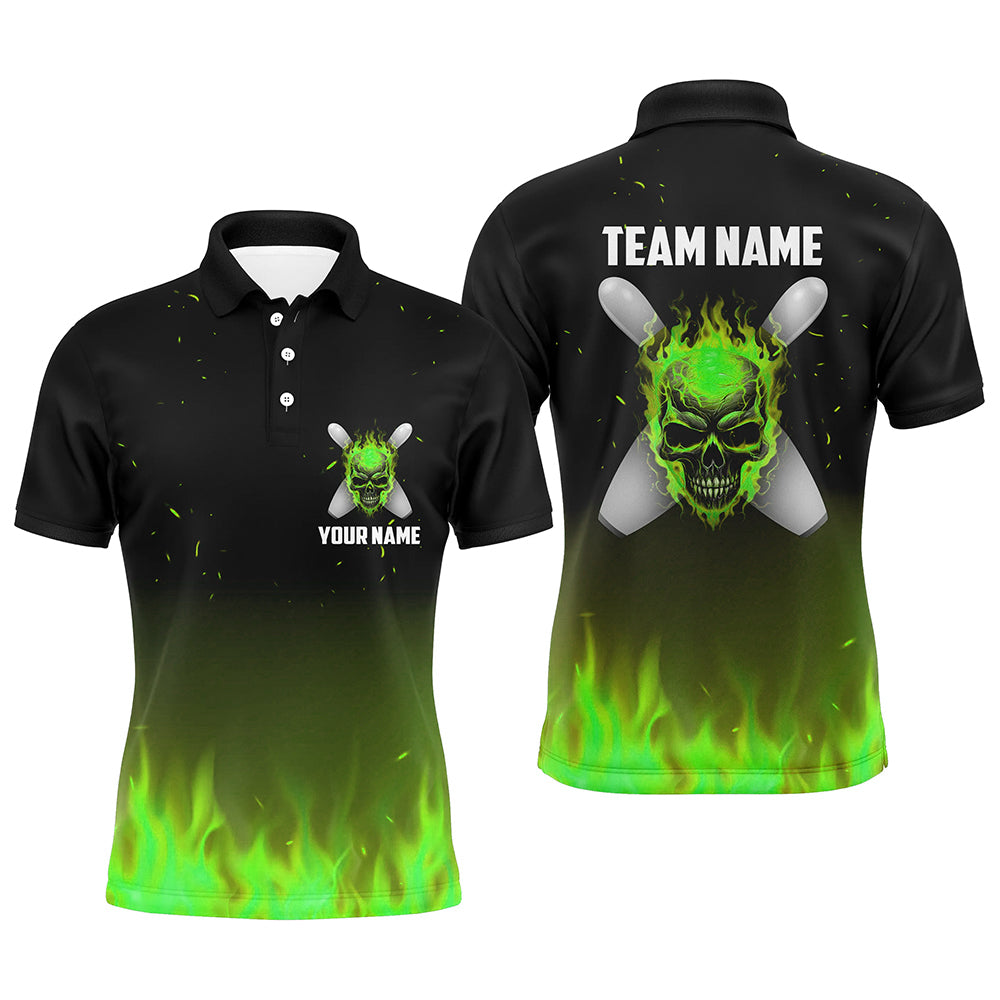 Green Flame Skull Bowling Polo Shirts Men Personalized Team Bowling Jerseys Halloween Outfits IPHW5373