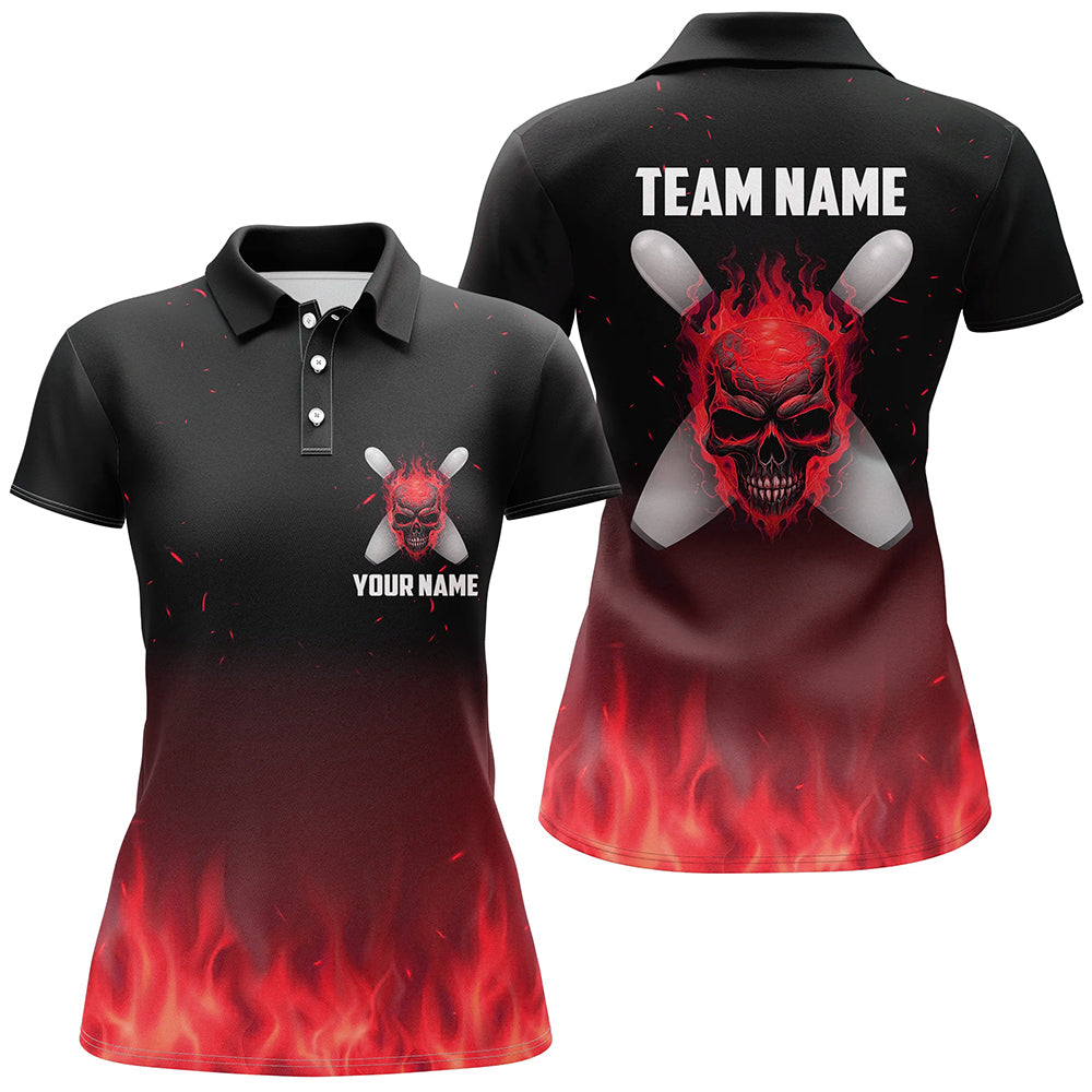 Red Flame Skull Ladies Bowling Polo Shirts Custom Team Bowling Jerseys Halloween Outfits IPHW5374