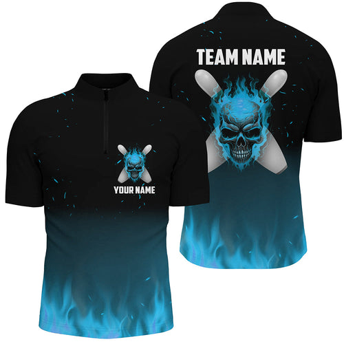 Blue Flame Skull Bowling Quarter Zip Shirts Men Custom Team Bowling Jerseys Halloween Outfits IPHW5375