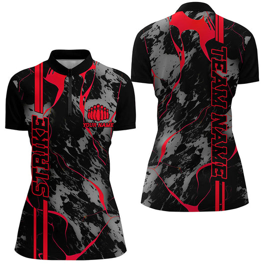 Custom Red Strike Bowling Shirts Women Quarter Zip Camo Bowling Team Jerseys Bowling League IPHW5382