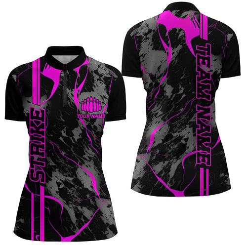 Custom Pink Strike Bowling Shirts Women Quarter Zip Pink Camo Bowling Team Jerseys IPHW5384