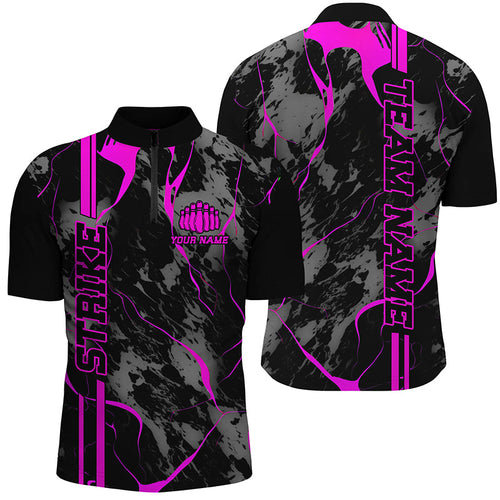 Custom Pink Strike Bowling Shirts Men Quarter Zip Pink Camo Bowling Team Jerseys Bowling League IPHW5384