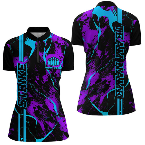 Custom Blue Purple Strike Bowling Shirts Women Quarter Zip Camo Bowling Team Jerseys IPHW5386