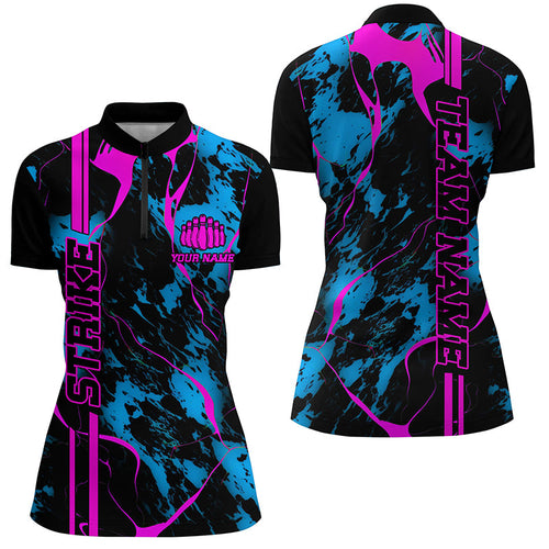 Custom Blue And Pink Strike Bowling Shirts Women Quarter Zip Camo Bowling Team Jerseys IPHW5387