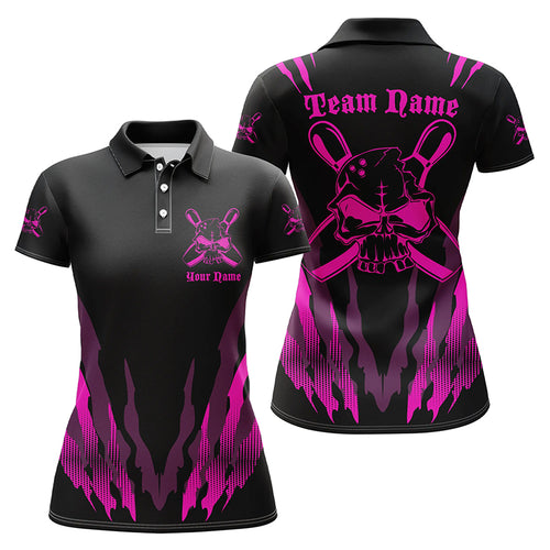 Custom Bowling Shirts For Women, Skull Bowling Team Shirts Bowling Pin | Pink IPHW4485