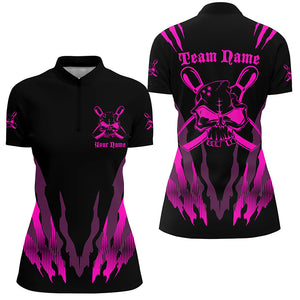 Custom Bowling Shirts For Women, Skull Bowling Team Shirts Bowling Pin | Pink IPHW4485