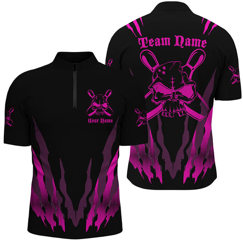 Custom Bowling Shirts For Men And Women, Skull Bowling Team Shirts Bowling Pin | Pink IPHW4485