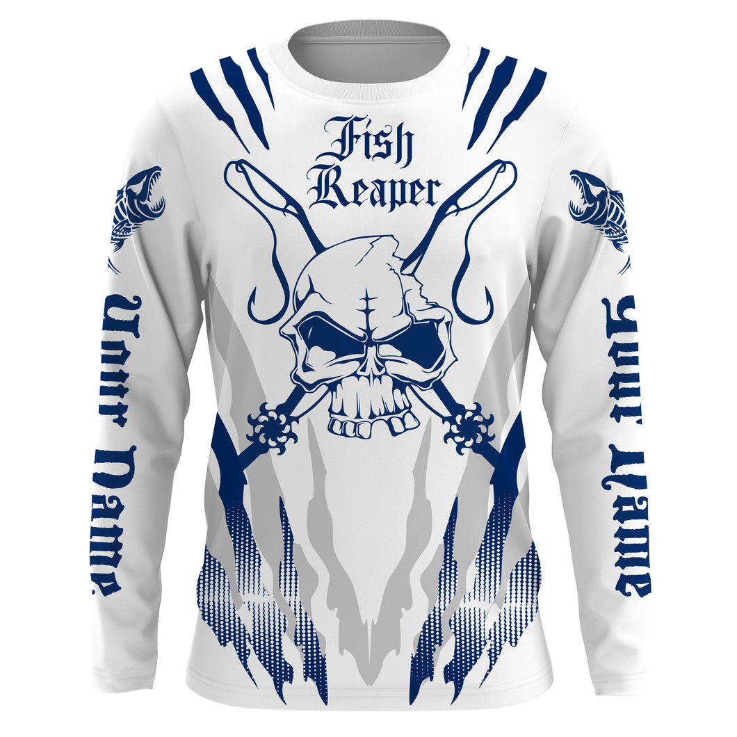 Fish reaper Custom Long Sleeve performance Fishing Shirts, Skull Fishing jerseys | white navy blue IPHW3173