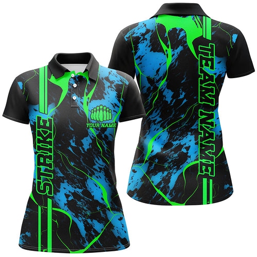Black, Green And Blue Strike Bowling Polo Shirts, Custom Womens Bowling Team Shirts IPHW5263