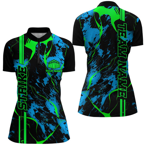Black, Green And Blue Strike Bowling Quarter Zip Shirts, Custom Womens Bowling Team Shirts IPHW5263