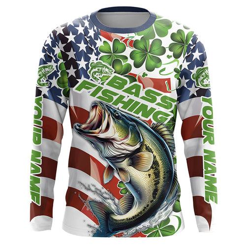 Personalized St Patrick'S Day Bass Long Sleeve Fishing Shirts, Patriotic Bass Fishing Jerseys IPHW5899