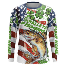 Load image into Gallery viewer, Personalized St Patrick&#39;S Day Walleye Long Sleeve Fishing Shirts, Patriotic Walleye Fishing Jerseys IPHW5900