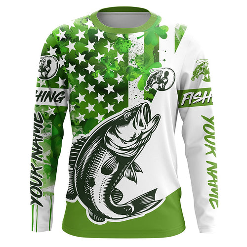 Custom Name St Patrick'S Day Bass Long Sleeve Fishing Shirts, Patriotic Bass Fishing Jerseys IPHW5903