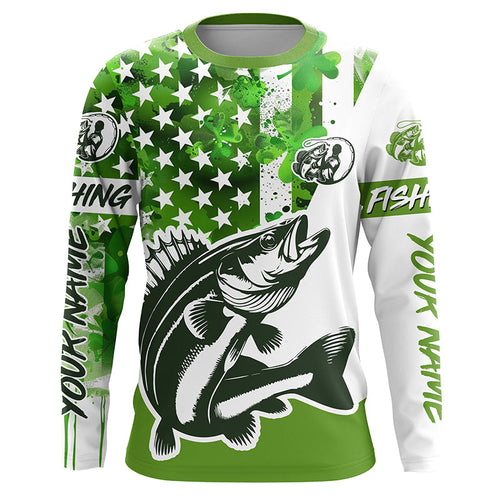 Custom Name St Patrick'S Day Walleye Long Sleeve Fishing Shirts, Patriotic Walleye Fishing Jerseys IPHW5908