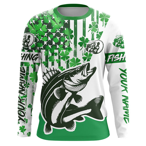 Custom Name St Patrick'S Day Walleye Long Sleeve Fishing Shirts, Patriotic Walleye Fishing Jerseys IPHW5909