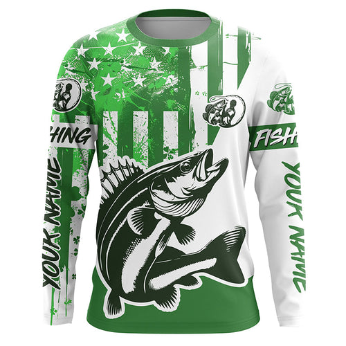 Custom Name St Patrick'S Day Walleye Long Sleeve Fishing Shirts, Patriotic Walleye Fishing Jerseys IPHW5910