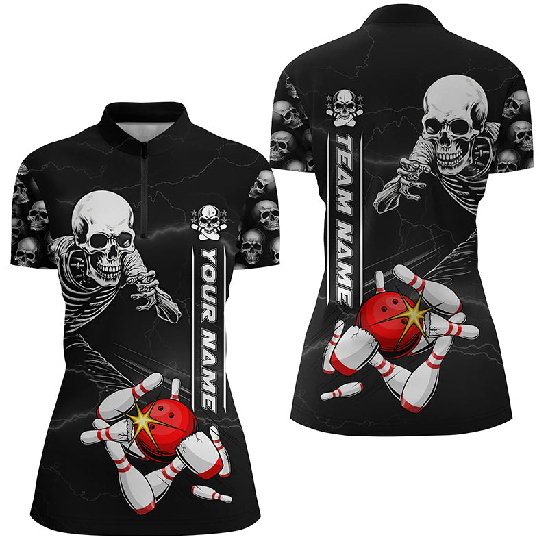 Custom Skull Bowling Quarter-Zip Shirts Ladies Halloween Skeleton Team Bowling Shirt IPHW5304