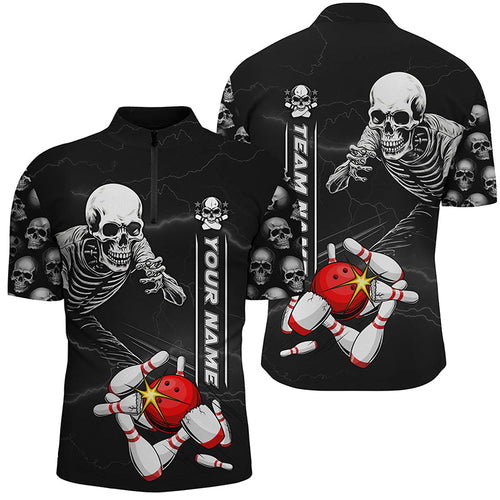 Custom Skull Bowling Quarter Zip Shirt Unisex Halloween Skeleton Team Bowling Shirt IPHW5304