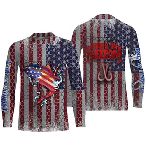 Yellowfin Tuna Fishing American Flag Hooked on Freedom Sun / UV protection quick dry customize name long sleeves shirts personalized Patriotic fishing apparel gift for Fishing lovers IPH1981