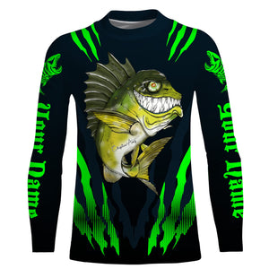 Angry Bass Fishing Custom Long sleeve Fishing Shirts, Bass fish reaper fishing jerseys | green IPHW3374