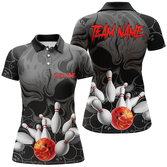 Custom Flame Skull Ladies Bowling Polo Shirts Skull Bowling Team Jerseys IPHW5366