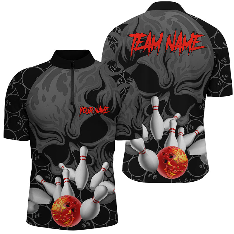 Custom Flame Skull Men Bowling Quarter Zip Shirts Skull Bowling Team Jerseys Halloween Outfits IPHW5366