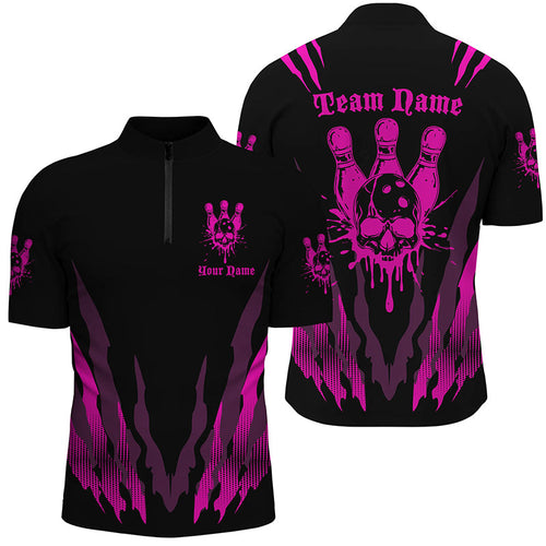 Custom Bowling Shirts For Men And Women, Skull Bowling Team Shirts Bowling Pin | Pink IPHW5836